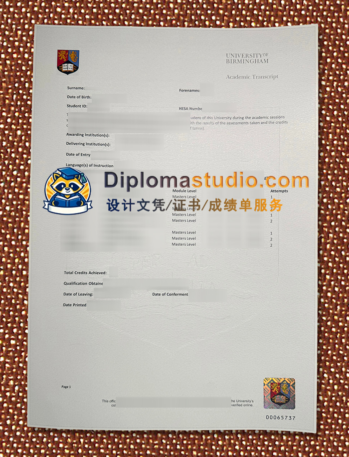 伯明翰城市大学成绩单, Birmingham City University Transcript